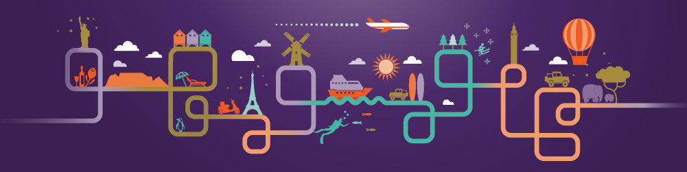 Illustration of ships and vehicles travelling to destinations protected by Hollard travel insurance